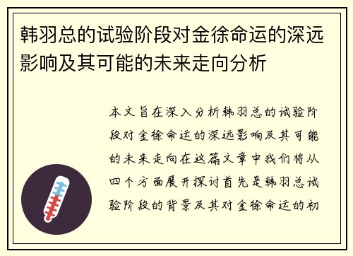 韩羽总的试验阶段对金徐命运的深远影响及其可能的未来走向分析