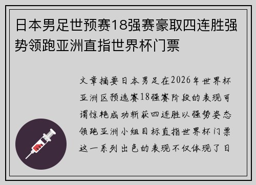 日本男足世预赛18强赛豪取四连胜强势领跑亚洲直指世界杯门票